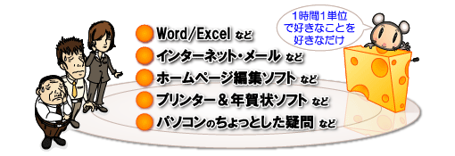 1時間1単位で好きなことを好きなだけ!Word/Excel など。ホームページ編集ソフト など。プリンター＆年賀状ソフト など。パソコンのちょっとした疑問 など。